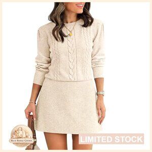 Cable Knit Sweater Dress Puff Sleeve A Line Mini Casual Fall Chic